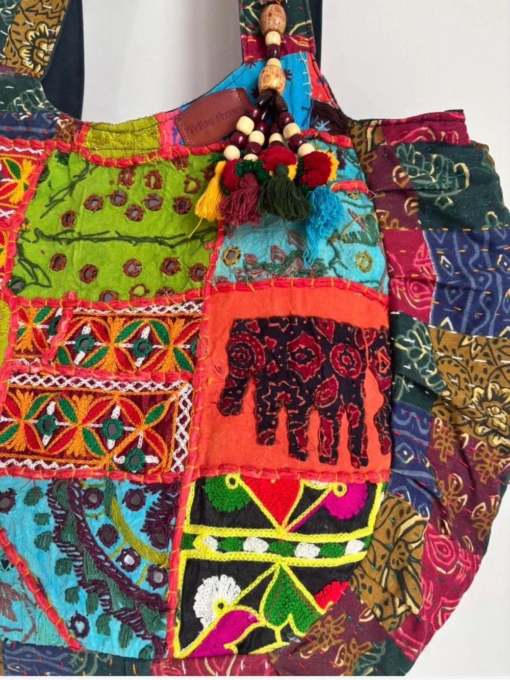 Tribe Azure Boho Patchwork Embroidered Elephant Tote Shoulder Bag Large